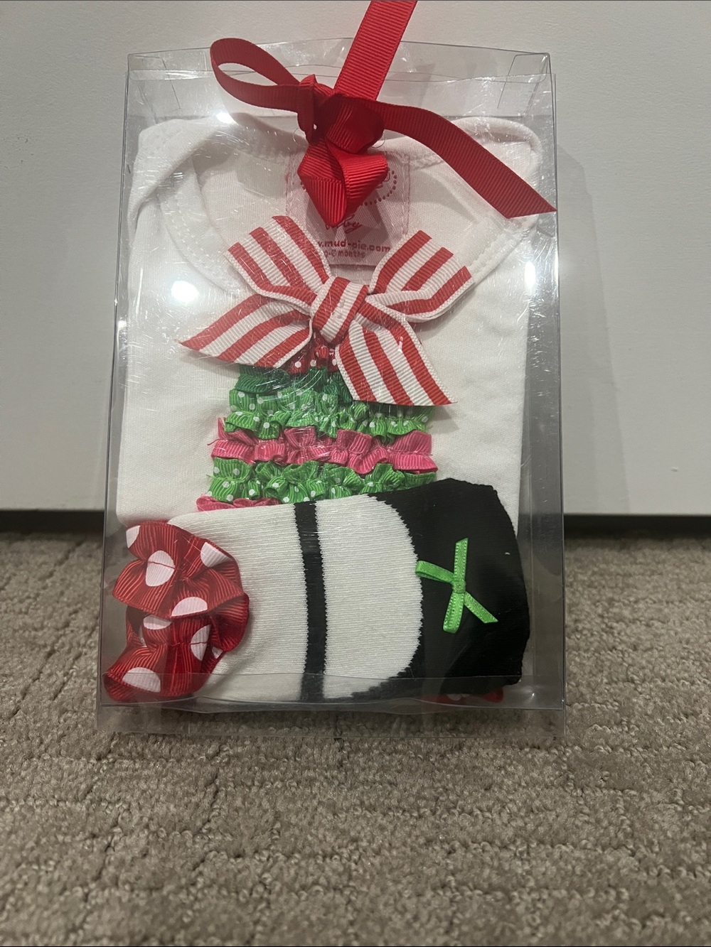 Girls White Christmas Tree Ruffle Top with Festive Socks